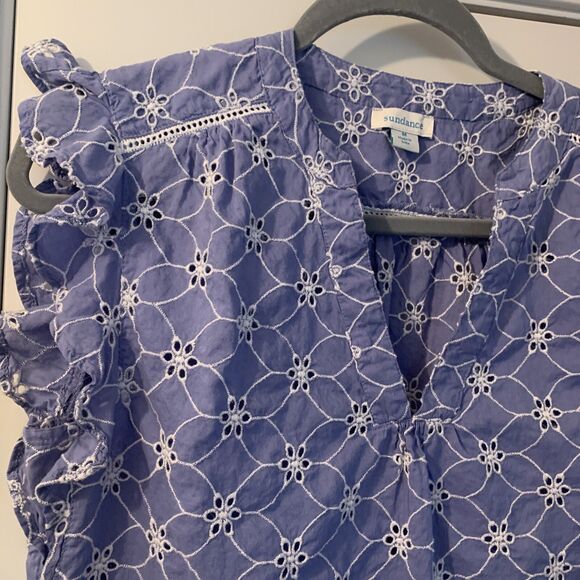 SUNDANCE CATALOG Florina Eyelet Top Size Medium Blue White Flutter Cap Sleeve - Picture 4 of 16